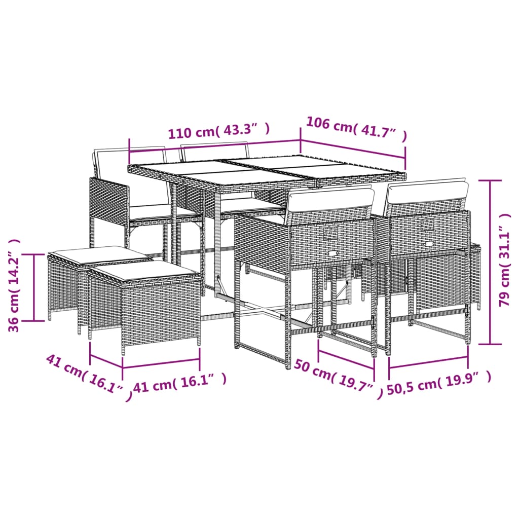 Set da Pranzo da Giardino 9pz con Cuscini Marrone in Polyrattan 3211317