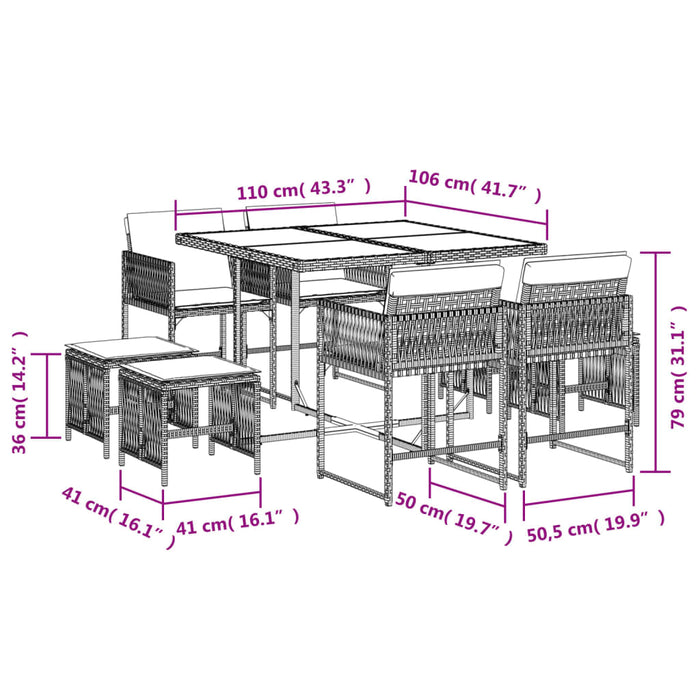 Set da Pranzo da Giardino 9 pz con Cuscini in Polyrattan Grigio 3211496