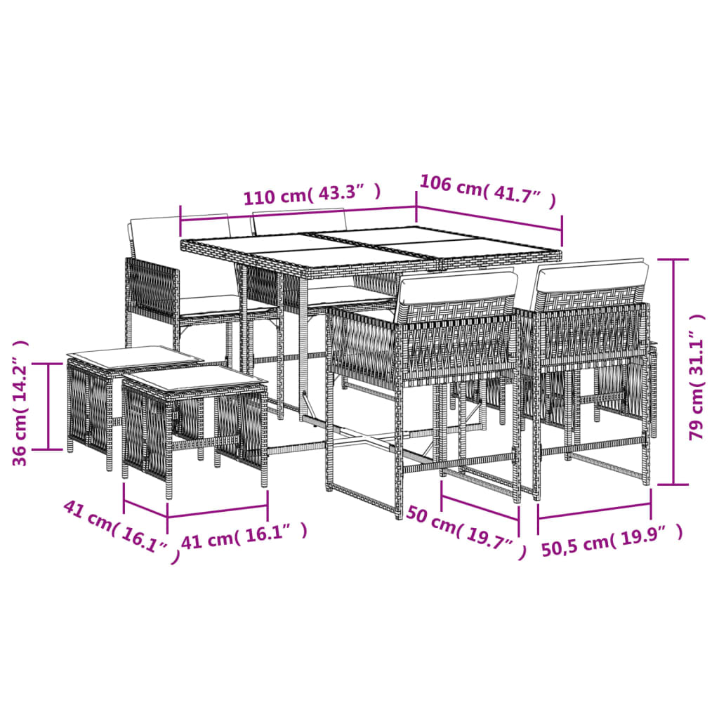 Set da Pranzo da Giardino 9 pz con Cuscini Nero in Polyrattan 3211503