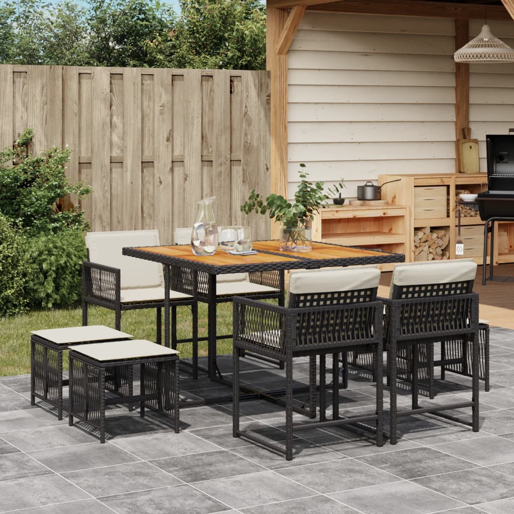 Set da Pranzo da Giardino 9 pz con Cuscini Nero in Polyrattan 3211503