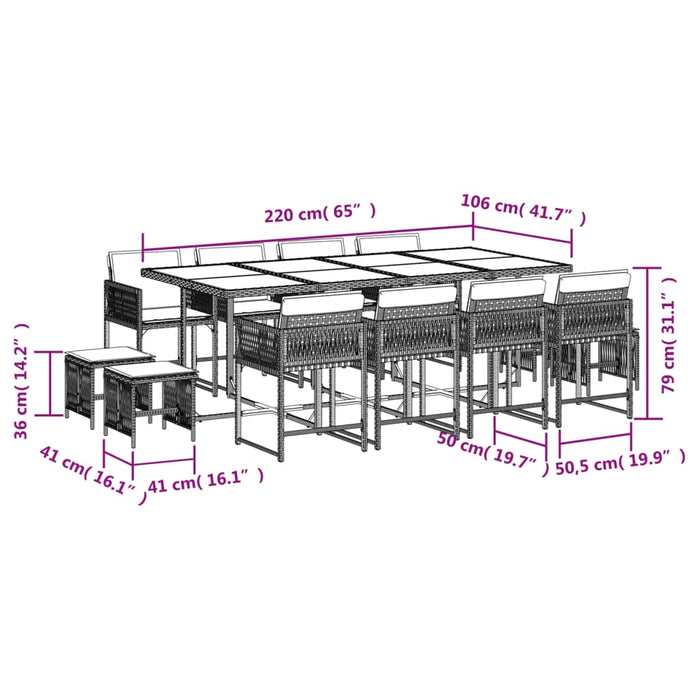 Set da Pranzo da Giardino 13pz con Cuscini Nero in Polyrattan 3211518