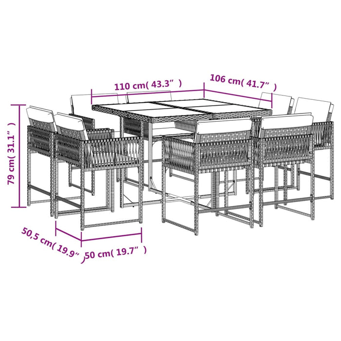 Set da Pranzo da Giardino 9 pz con Cuscini in Polyrattan Grigio 3211556