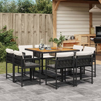 Set da Pranzo da Giardino 9 pz con Cuscini Nero in Polyrattan 3211563