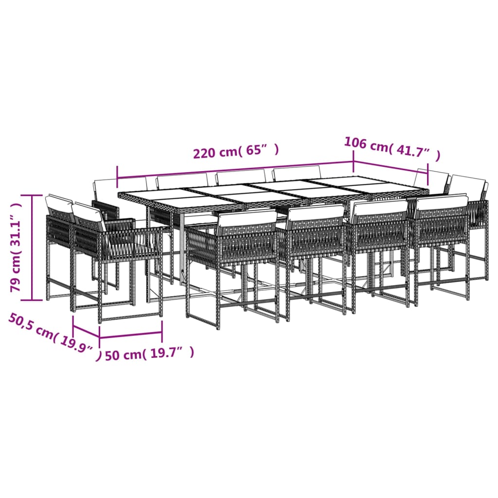 Set da Pranzo da Giardino 13pz con Cuscini Nero in Polyrattan 3211587