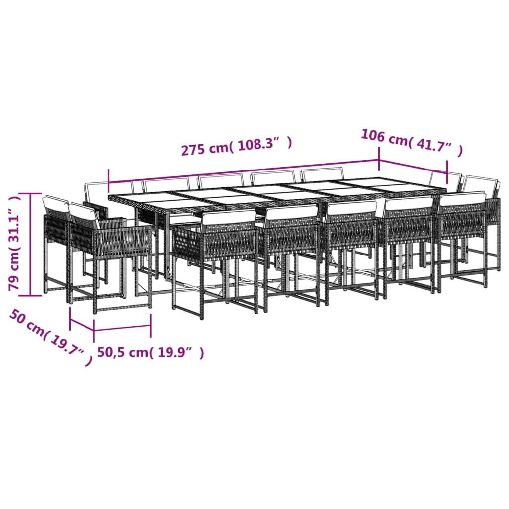 Set da Pranzo da Giardino 15 pz con Cuscini Nero in Polyrattan 3211591