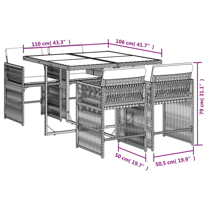 Set da Pranzo da Giardino 5 pz Nero con Cuscini in Polyrattan 3211614