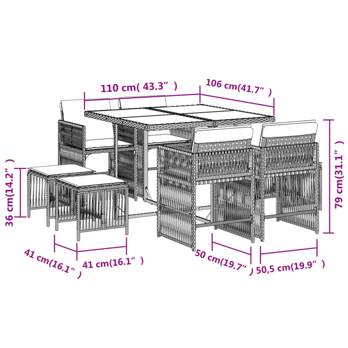 Set da Pranzo da Giardino 9pz con Cuscini Marrone in Polyrattan 3211677