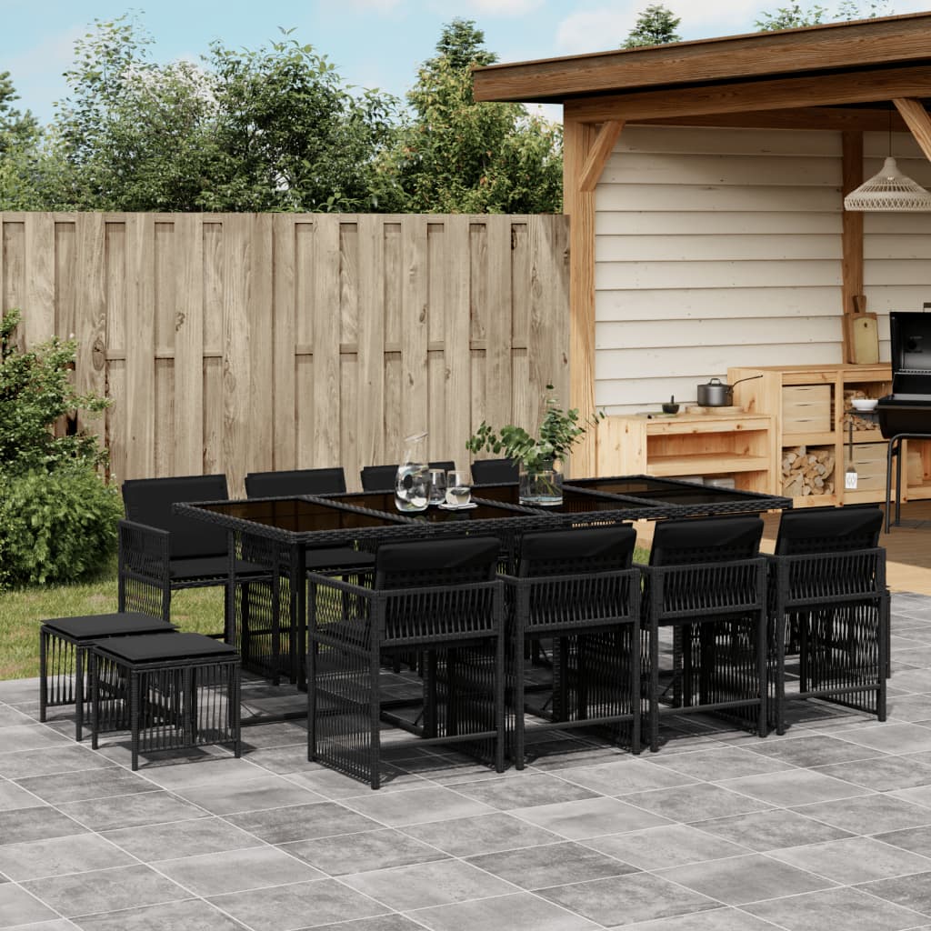 Set da Pranzo da Giardino 13pz con Cuscini Nero in Polyrattan 3211699