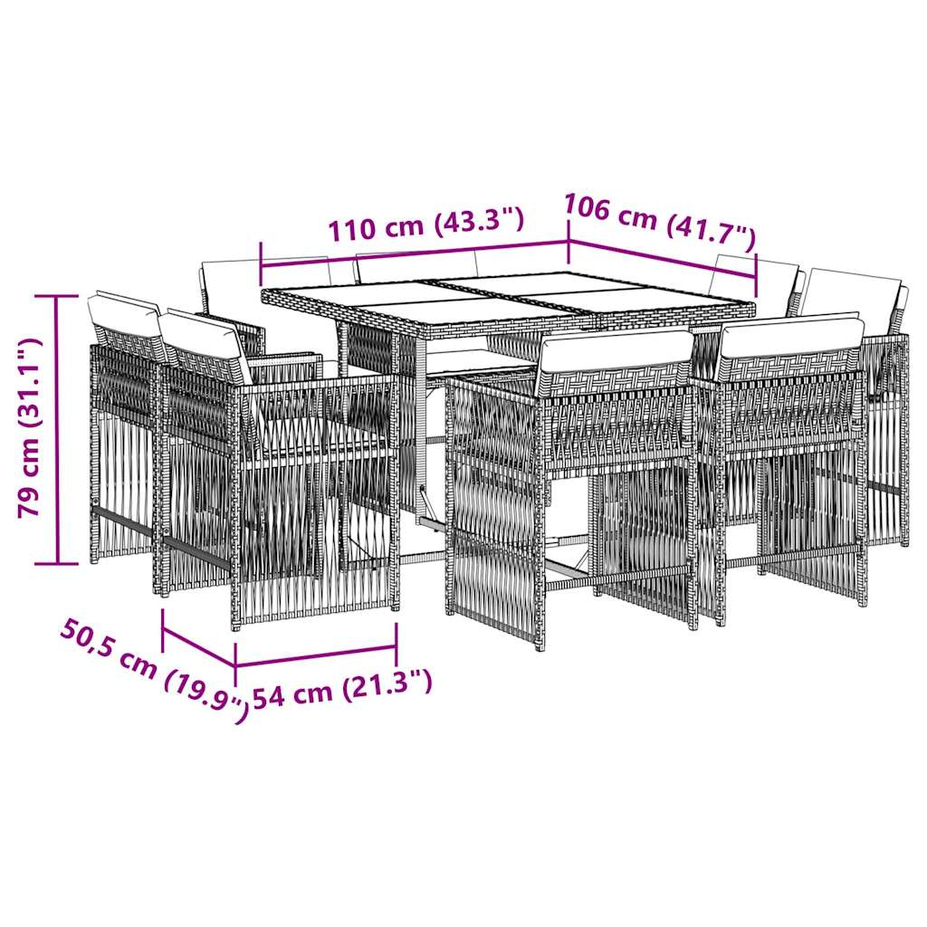 Set da Pranzo da Giardino 9 pz con Cuscini in Polyrattan Grigio 3211736