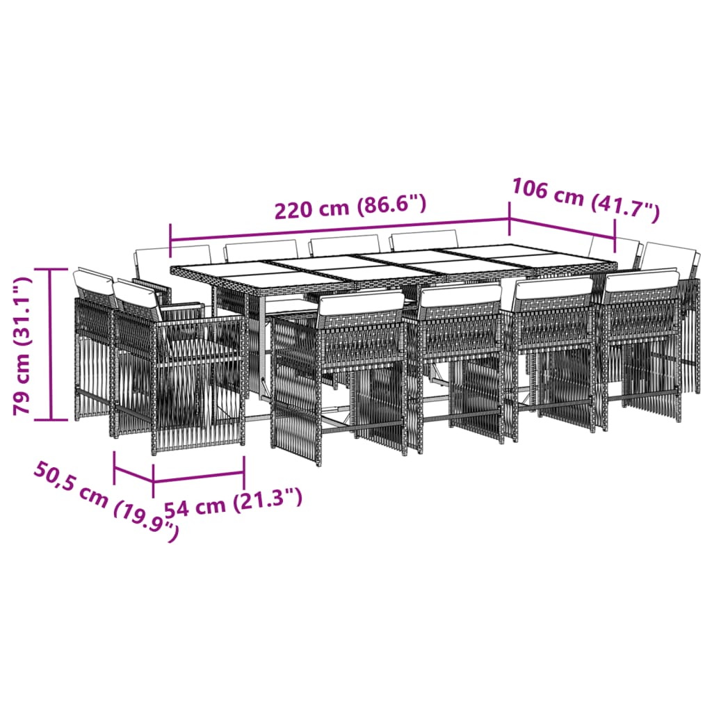 Set da Pranzo da Giardino 13pz con Cuscini Grigio in Polyrattan 3211760