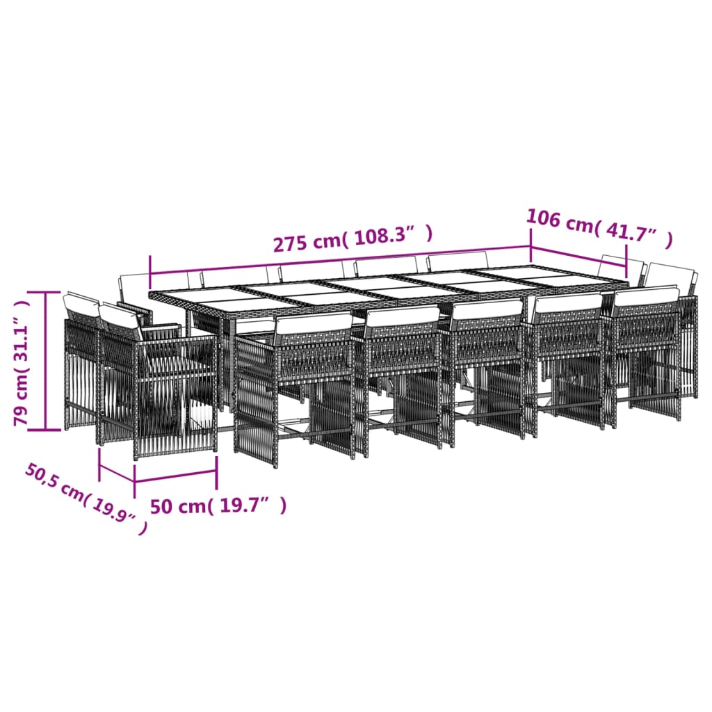 Set da Pranzo da Giardino 15 pz con Cuscini Nero in Polyrattan 3211770