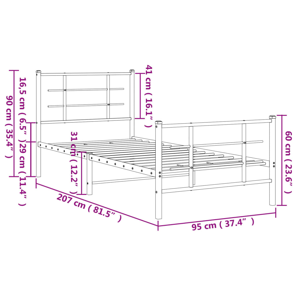 Giroletto con Testiera e Pediera Metallo Bianco 90x200 cm 355621