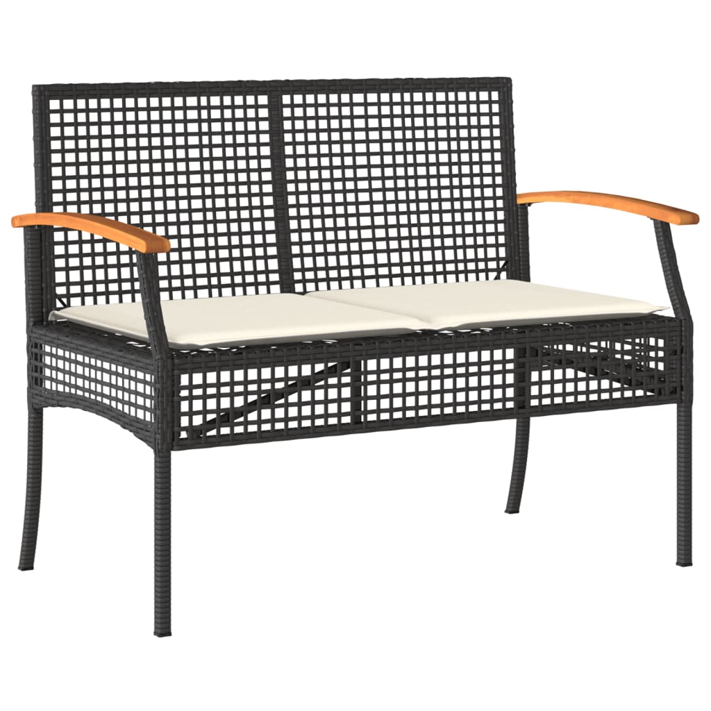 Panca da Giardino con Cuscino Nera in Polyrattan e Legno Acacia 366255