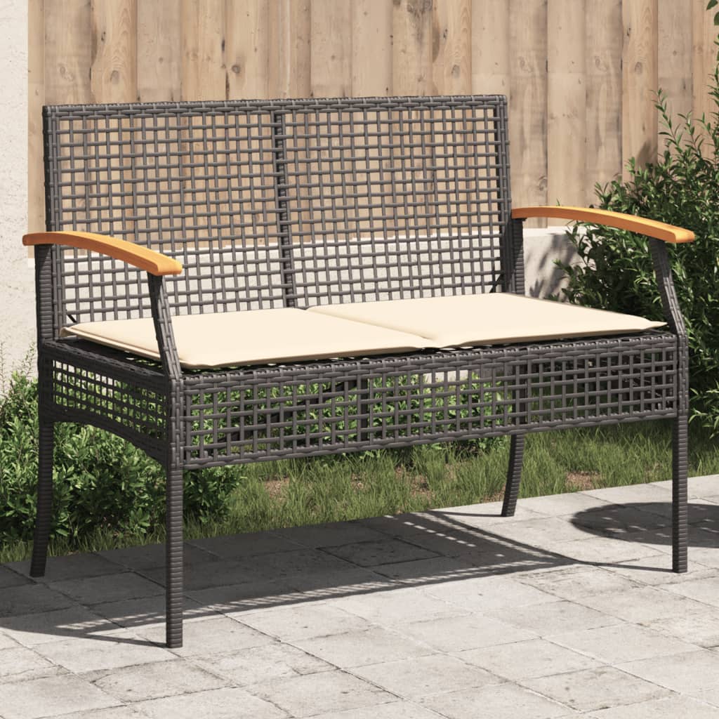 Panca da Giardino con Cuscino Nera in Polyrattan e Legno Acacia 366255