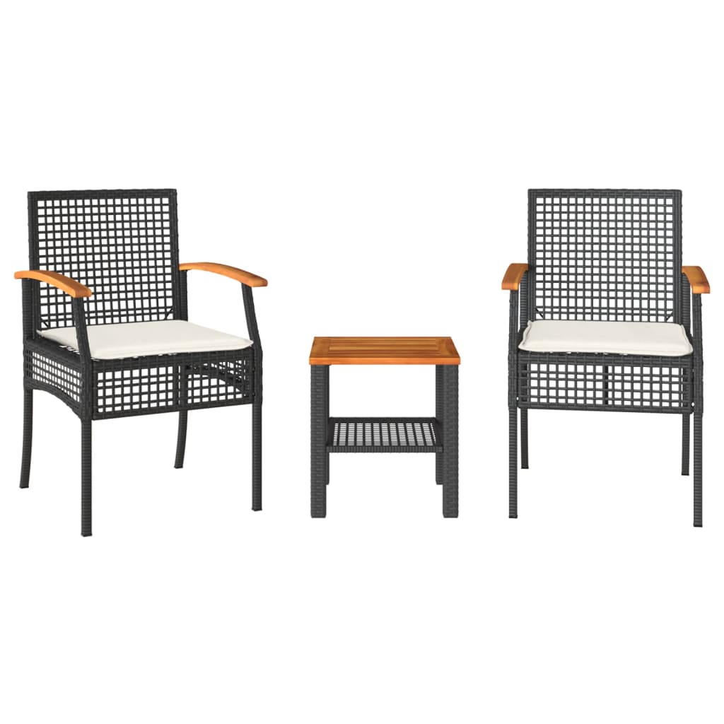 Set da Bistrò 3 pz con Cuscini Nero Polyrattan e Legno Acacia 366259