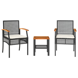 Set da Bistrò 3 pz con Cuscini Nero Polyrattan e Legno Acacia 366259