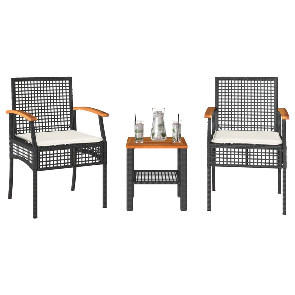 Set da Bistrò 3 pz con Cuscini Nero Polyrattan e Legno Acacia 366259