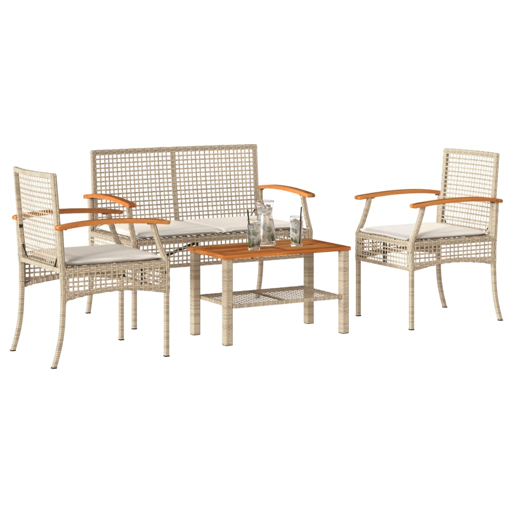 Set Divani da Giardino 4 pz con Cuscini in Polyrattan Beige 366268