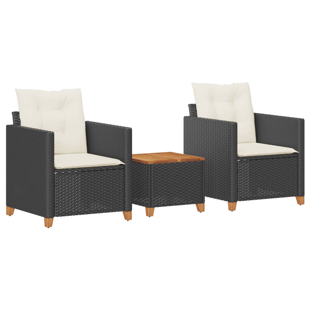 Set da Bistrò 3 pz con Cuscini Nero Polyrattan e Legno Acacia 366309