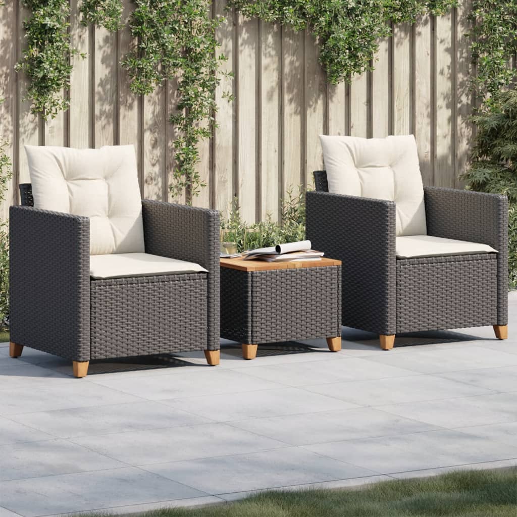 Set da Bistrò 3 pz con Cuscini Nero Polyrattan e Legno Acacia 366309