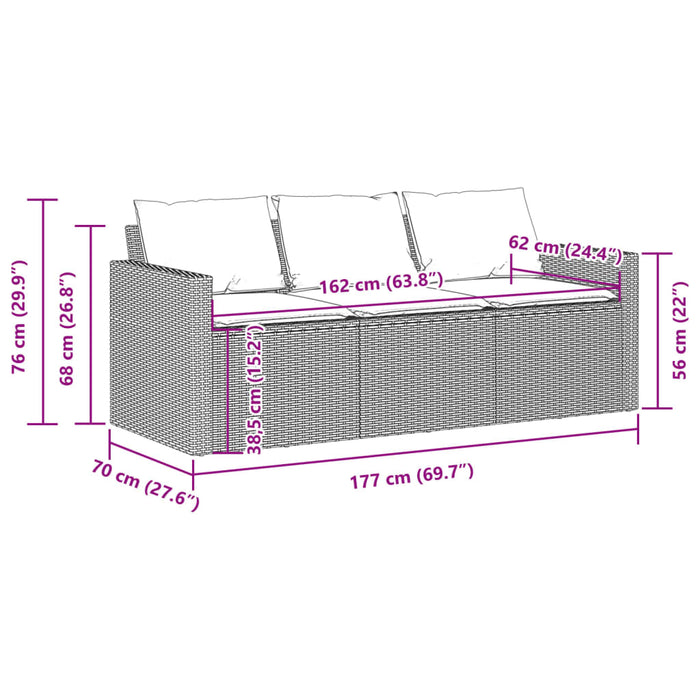 Divano da Giardino a 3 Posti con Cuscini in Polyrattan Marrone 366342