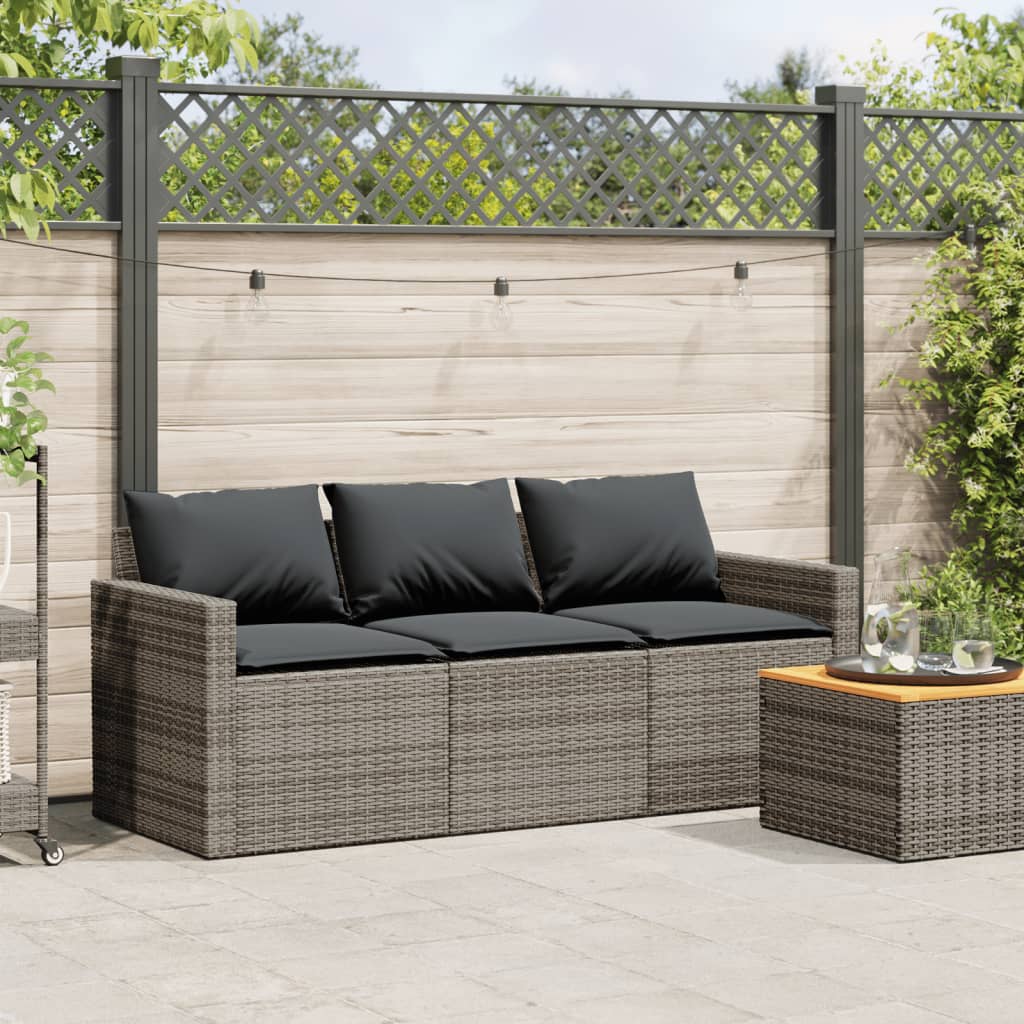 Divano da Giardino con Cuscini 3 Posti Grigio in Polyrattan 366343