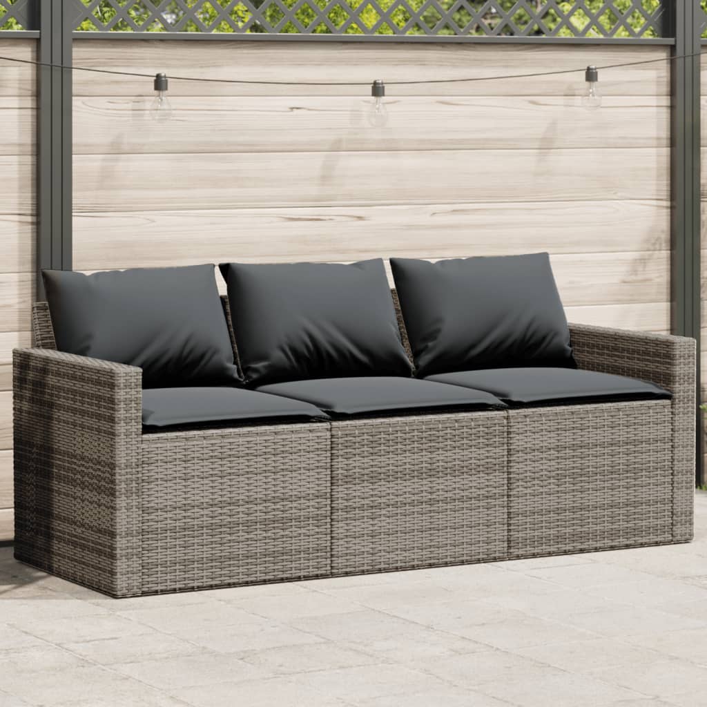 Divano da Giardino con Cuscini 3 Posti Grigio in Polyrattan 366343