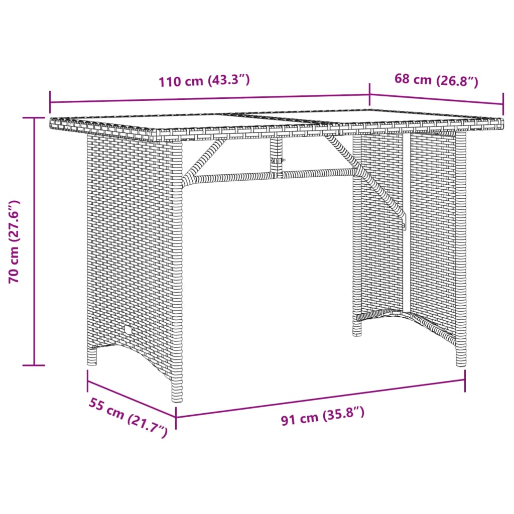 Tavolo Giardino Piano in Vetro Marrone 110x68x70 cm Polyrattan 366351