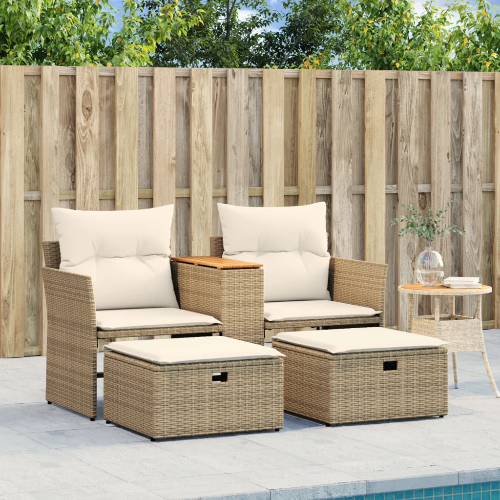 Divano da Giardino 2 Posti con Sgabelli Beige in Polyrattan 365805