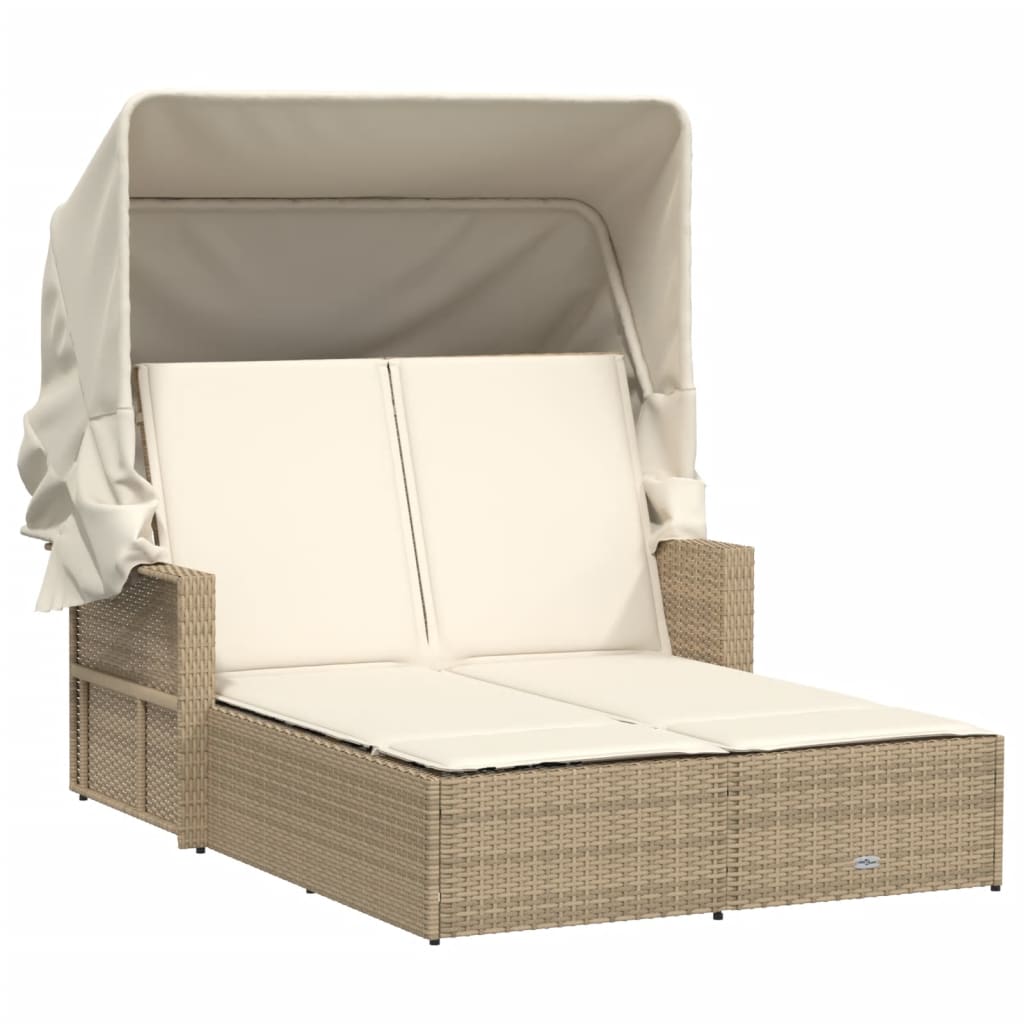 Lettino Doppio con Baldacchino e Cuscini Beige in Polyrattan 365810