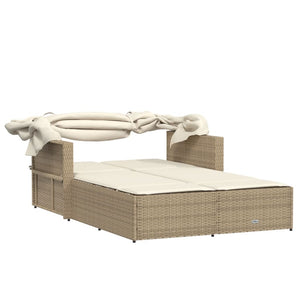 Lettino Doppio con Baldacchino e Cuscini Beige in Polyrattan 365810