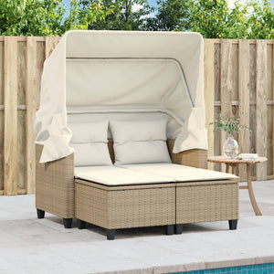 Divano Giardino 2 Posti Baldacchino e Sgabelli Beige Polyrattan 365784