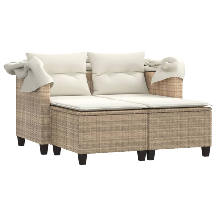 Divano Giardino 2 Posti Baldacchino e Sgabelli Beige Polyrattan 365784