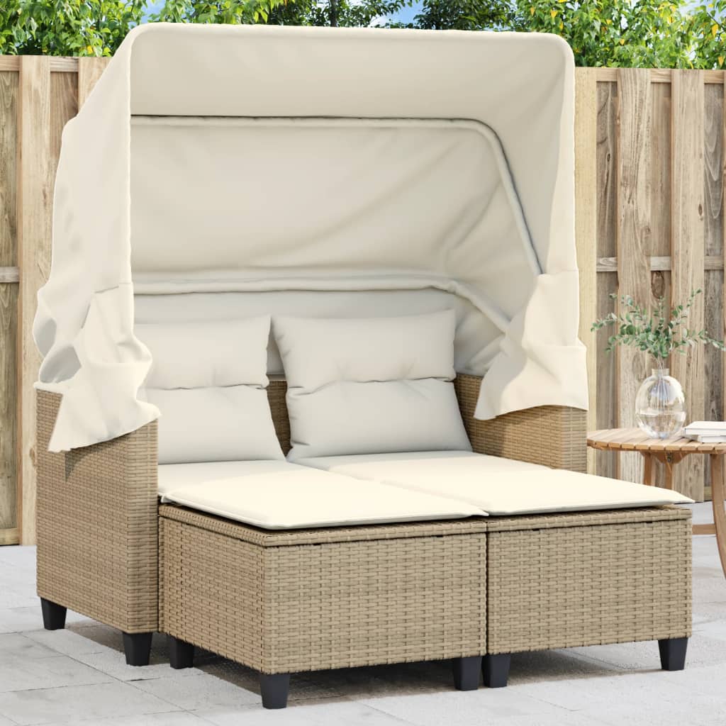 Divano Giardino 2 Posti Baldacchino e Sgabelli Beige Polyrattan 365784