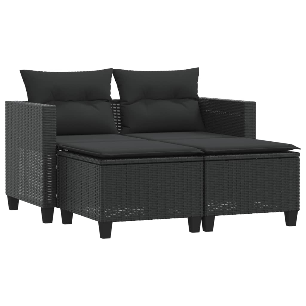 Divano da Giardino 2 Posti con Sgabelli Nero in Polyrattan 365791