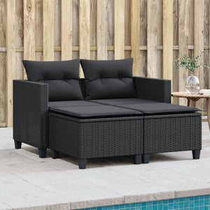 Divano da Giardino 2 Posti con Sgabelli Nero in Polyrattan 365791