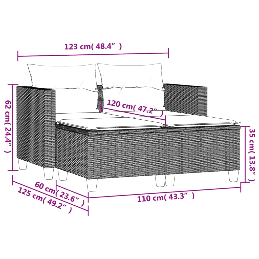 Divano da Giardino 2 Posti con Sgabelli Grigio in Polyrattan 365793