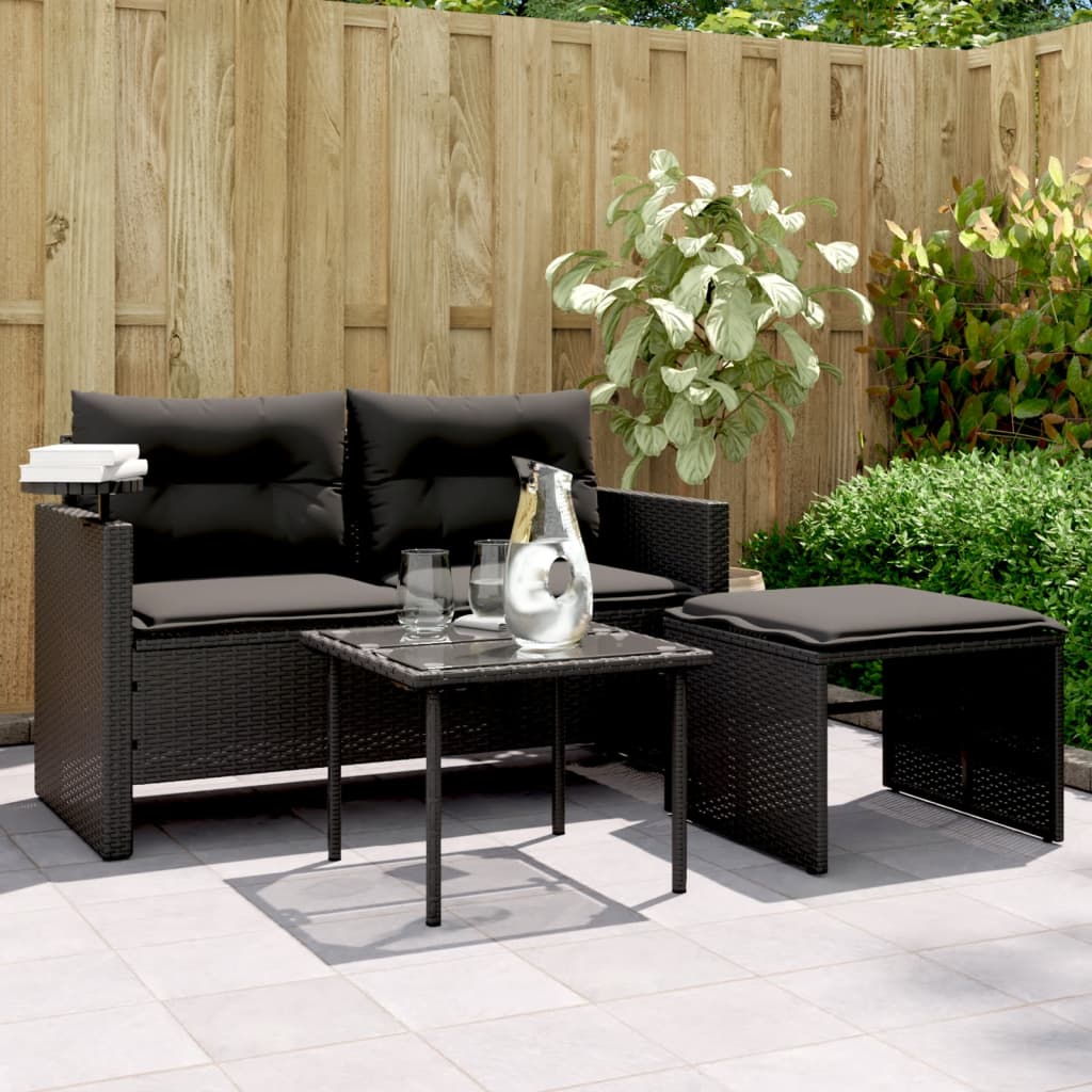 Set Divani da Giardino 3 pz con Cuscini in Polyrattan Nero 365458