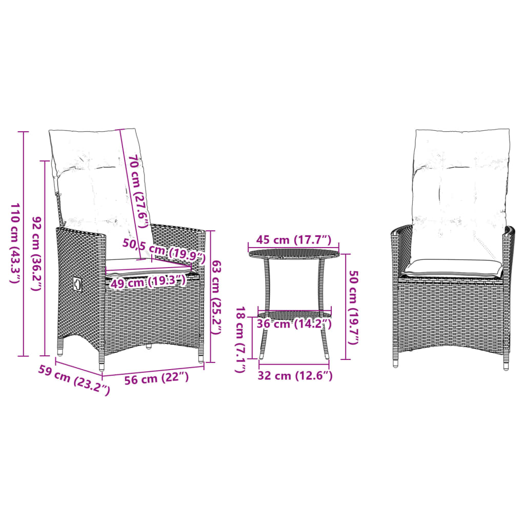 Set da Bistrò 3 pz con Cuscini Grigio in Polyrattan 365654