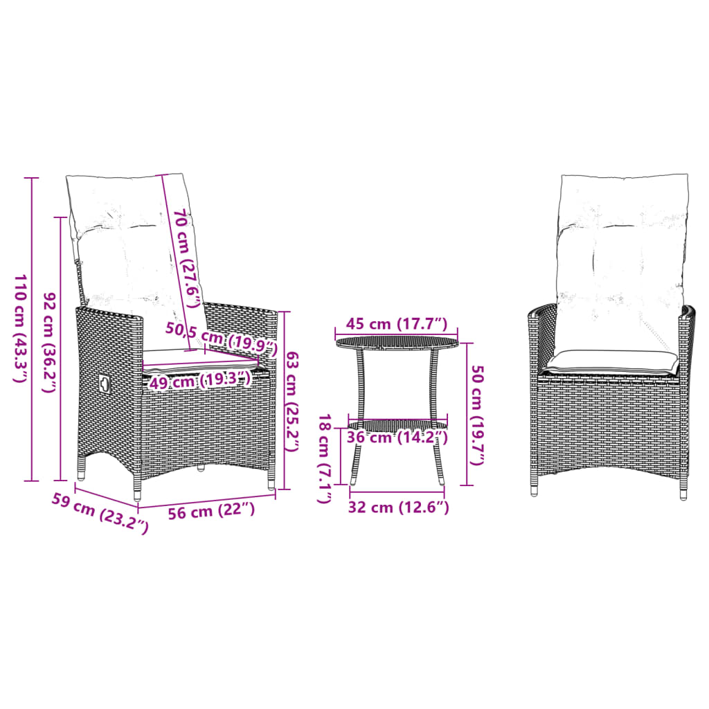 Set da Bistrò 3 pz con Cuscini Beige in Polyrattan 365655