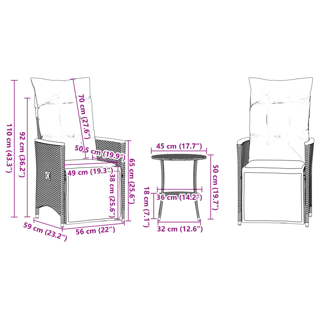 Set da Bistrò 3 pz con Cuscini Nero in Polyrattan 365678