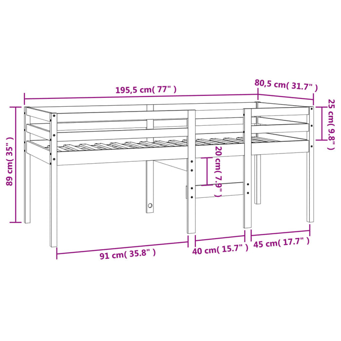 Letto a Soppalco Marrone Cera 75x190 cm Legno Massello di Pino 844484