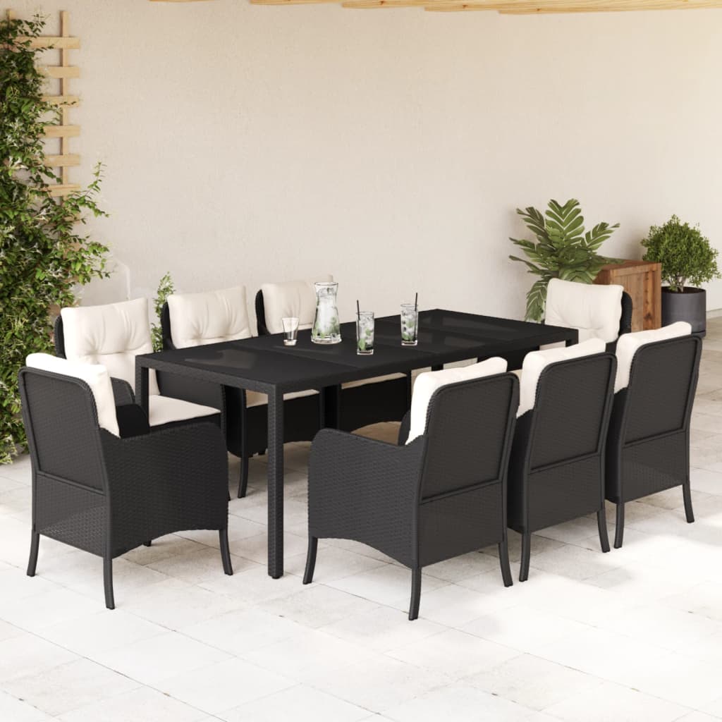 Set da Pranzo da Giardino 9 pz con Cuscini Nero in Polyrattancod mxl 134868