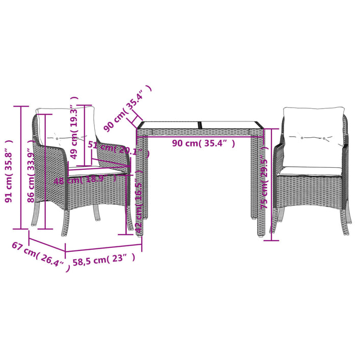 Set da Pranzo da Giardino 3 pz con Cuscini Nero in Polyrattan 3211848