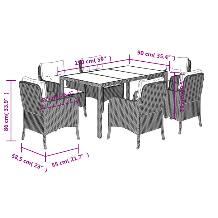 Set da Pranzo da Giardino 7 pz Nero con Cuscini in Polyrattan 3211851