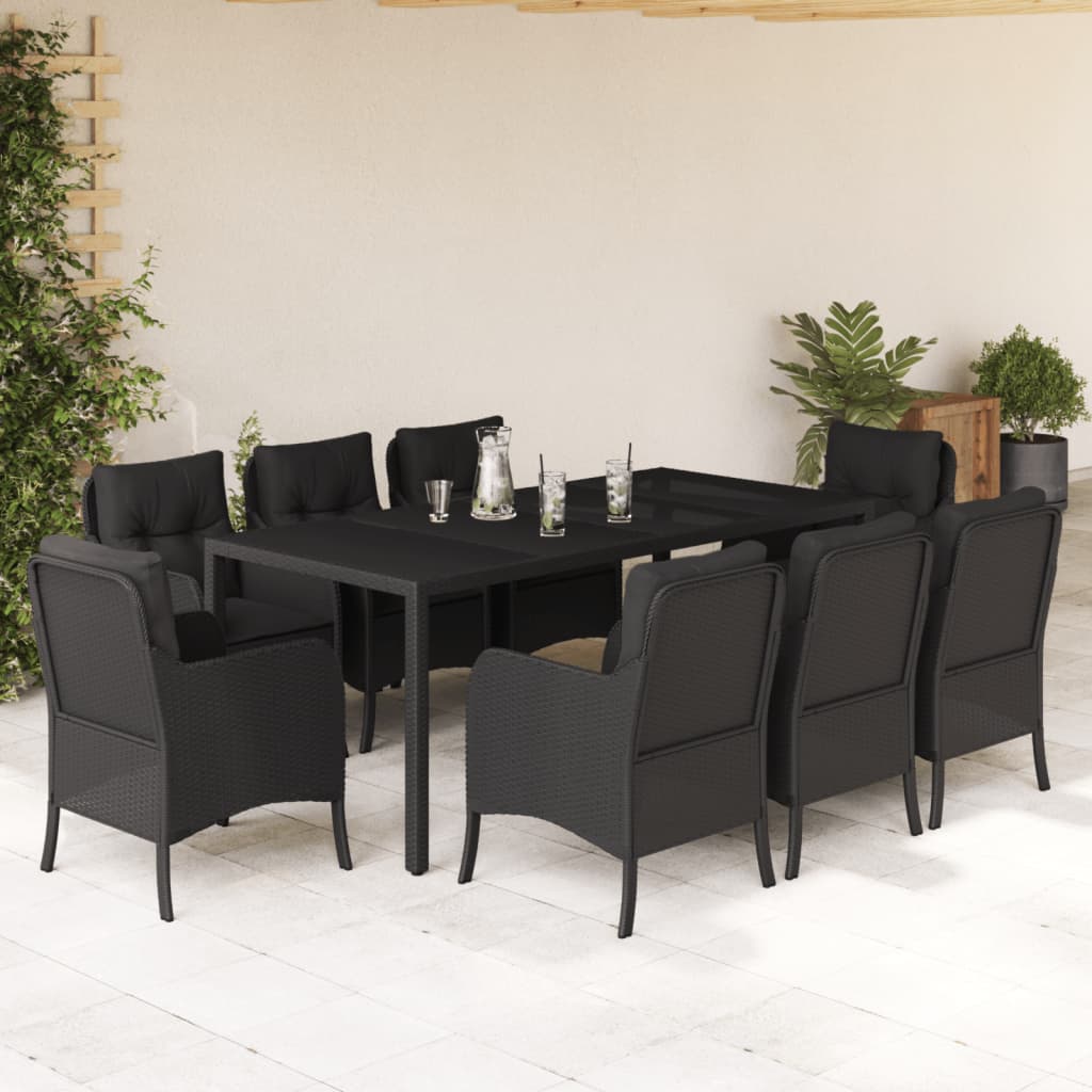 Set da Pranzo da Giardino 9 pz con Cuscini Nero in Polyrattancod mxl 134811