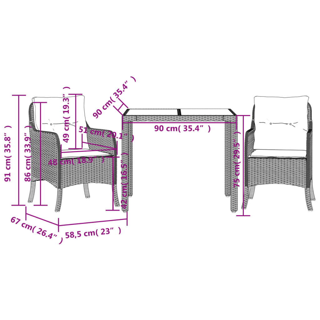 Set da Pranzo da Giardino 3 pz con Cuscini in Polyrattan Grigio 3211854