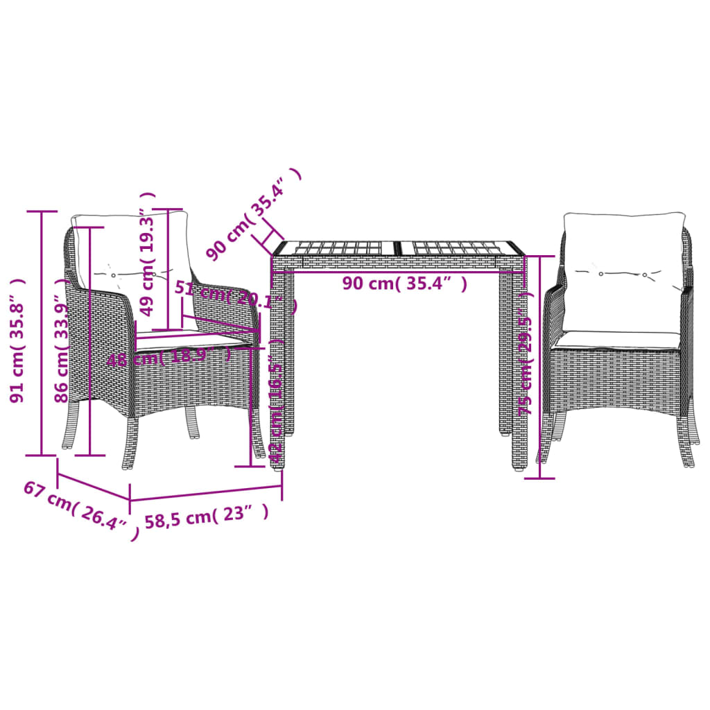 Set da Pranzo da Giardino 3 pz con Cuscini Nero in Polyrattan 3211860