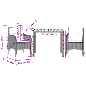 Set da Pranzo da Giardino 3 pz con Cuscini Nero in Polyrattan 3211866