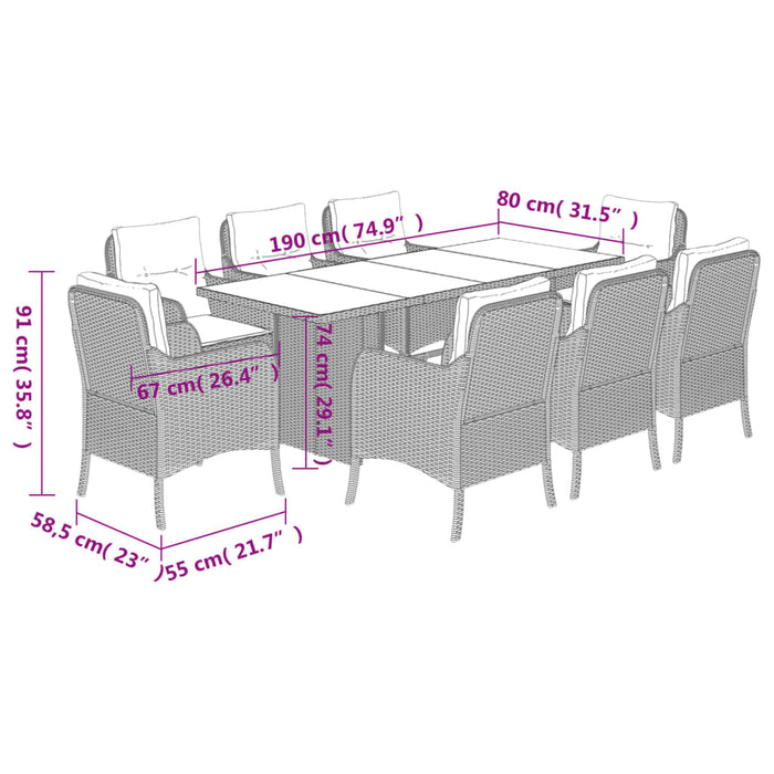 Set da Pranzo da Giardino 9pz con Cuscini Marrone in Polyrattan 3211883